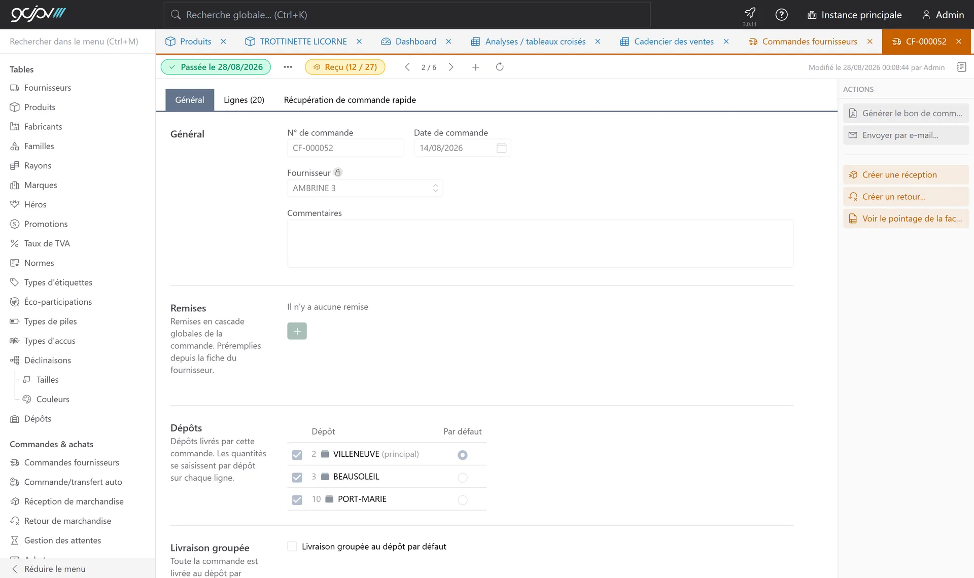 Fiche d'une commande fournisseur en préparation, avec ses actions : envoyer par e-mail, créer une réception, créer un retour.