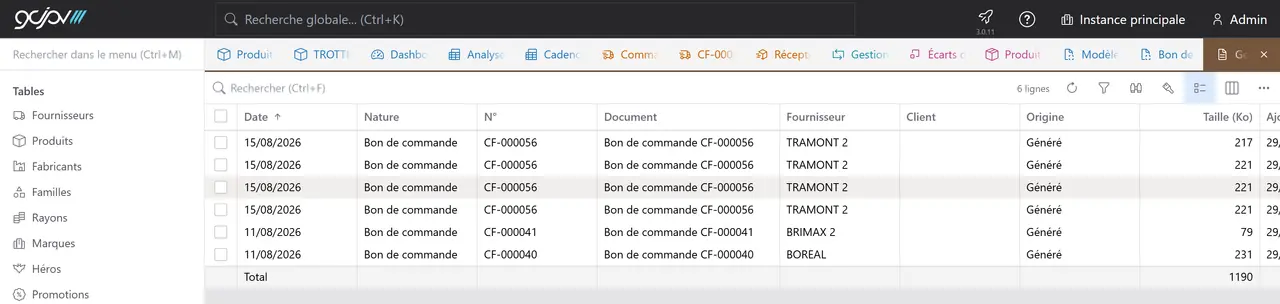 Liste des documents archivés : bons de commande classés par date, fournisseur et magasin.