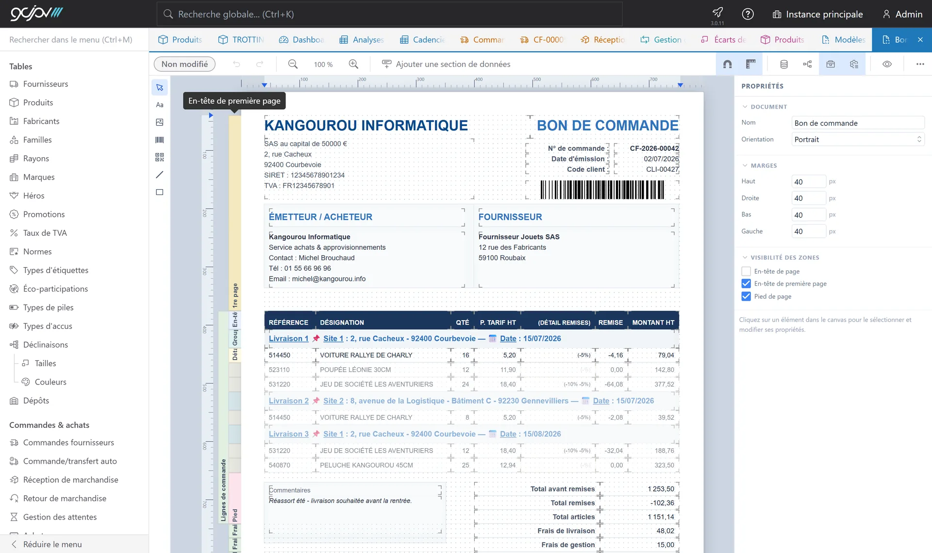 Éditeur de modèles de documents : un bon de commande en cours de mise en page, avec ses propriétés à droite.
